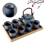 DUJUST Japanese Tea Set for 6, Kiln Altered Glaze Porcelain Tea Set with 1 Teapot, 6 Tea Cups & 1 Tea Tray, Unique Chinese Tea Set for Adults/Tea Lovers/Women/Men, Light Blue