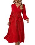 SDEER Womens Casual Midi Dress V Neck Long Sleeve Pleated High Waist Wedding Guest Dresses for Women, Red, Large