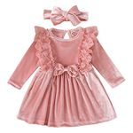 Baby Girl Velvet Dress Infant Toddler Kid Long Sleeve A-line Swing Pleated Princess Dress with Bowknot Headband 2pcs Set Fall Winter Clothes First Christmas Birthday Party Outfit Pink 6-9 Months