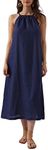 Amazhiyu Womens Linen Halter Sleeveless Maxi Dress Tie Back with Belt and Pockets, Navy, Small