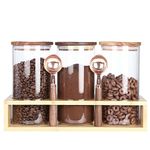 KKC Sealed Glass Containers with Wood Lids,Airtight Glass Jar Containers with Scoops Kitchen Counter,Sealed Jars of Flour,Brown Sugar,Loose Leaf Tea,Coffee Bean or Ground Coffee,1150ml