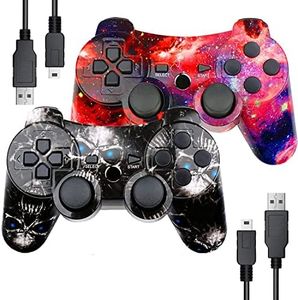 PS3 Controller 2 Pack Wireless Motion Sense Dual Vibration Upgraded Gaming Controller for Sony Play Station 3 with Charging Cord (Black and Red)