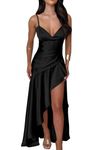 Memoriesea Women's Sexy Satin V Neck High Slit Ruffle Hem Party Evening Maxi Dress, Black, Large