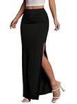 GORGLITTER Women's Ruched Split Thigh Skirt High Waisted Basic Casual Maxi Skirts Black Petite M