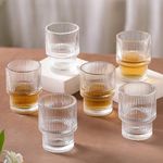 Nestasia Drinking Glasses Set of 6 | Thick-Walled Glass with Stackable Ribbed Design | Ideal for Water, Juice, Cold Drinks, Mocktails & Cocktails (Transparent, 200ml Each)