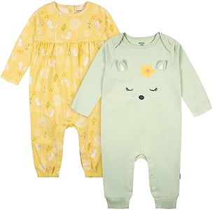 Gerber Baby Girls' 2-Pack Long Sleeve Jumpsuit, Green Yellow Fox, 3-6 Months