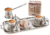 Alisveristime Premium Turkish Coffee Set - 12-Person Turkish Coffee, Cezve, 2-Person Cups, Delight Bowl, and Tray (4 Colors) (Silver)