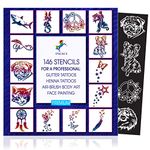 INGALA PREMIUM Stencils Set - 146 Unique Artistic Glitter Tattoo Stencils for Kids, Teens and Adults. Can be used as Henna Tattoo Stencils, Airbrush Stencils or Face Painting Stencils