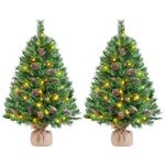 Yaheetech 2Pcs Pre-lit Artificial Mini Christmas Tree, 3ft/92cm Tabletop Small Christmas Tree w/20 Pinecones, 50 Warm White LED Lights, Battery-Operated for Home Party Decor, Green