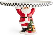 Spode Figural Santa Cake Plate - 11" Dolomite Dessert Stand with Black & White Checkered Border & Christmas Tree Motif - Festive Holiday Serveware Display Platter - Great for Serving Dessert