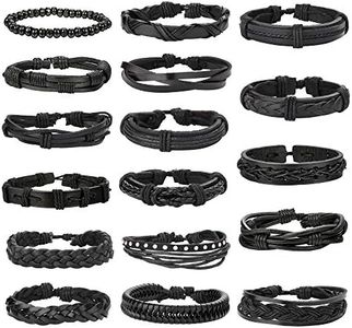 Jstyle 17Pcs Braided Leather Bracelet for Men Women Wooden Beaded Cuff Wrap Bracelet Adjustable, 10 inch, Leather Wood