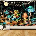 Uspring Funny Frog Tapestry Blue Mushroom Tapestries Moon Stars Wall Tapestry Large Plants Tapestry for Bedroom Hippie Aesthetic Tapestry Wall Hanging (Black Background, 59.1 x 82.7 inches)