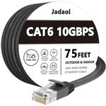 Cat 6 Ethernet Cable 75 ft, Outdoor&Indoor 10Gbps Support Cat8 Cat7 Network, Flat Internet RJ45 LAN Patch Cords, Solid High Speed Computer Wire with Clips for Router, Modem, PS4/5, Xbox, Gaming, Black