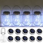 Solar Mason Jar Light Lids 10 Pack 20 LED Fairy String Light Inserts for Jars with Hangers Starry Lighting Waterproof Rust Resist for Patio Lawn Garden Wedding Lantern Decor No Jars (Cool White)