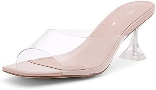 Shoe Land Celebrate Womens Clear Heels Square Open Toe Low Heels Stiletto Heeled Slides One Band Slip on Heeled Mules Dress Clear Sandals Gold Nude Heels for Prom Wedding Party, Clearnude, 9