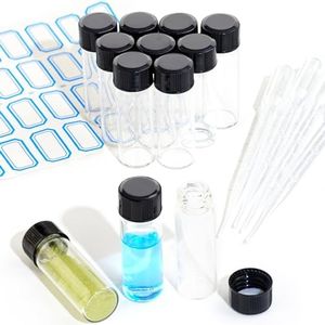 ETTSNU 10PCS 4ml Clear Glass Vials with Screw Caps and PE pad, 1 Dram Small Lab Sample Vials with Lids, Leak-Proof Liquid Storage Empty Vial (with Droppers and Marker Stickers)