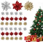 Poinsettia Artificial Flowers (36 Pack) - Gold, Red & Silver Glitter Poinsettia Christmas Decorations for Garlands Wreaths - Artificial Christmas Flowers Xmas Tree Ornaments for Decoration and Crafts