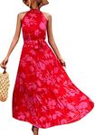 TYQQU Ladies Casual High Waist Sleeveless Floral Print Elegant Dress Boho A-Line Swing Maxi Dress Rose Red 2XL