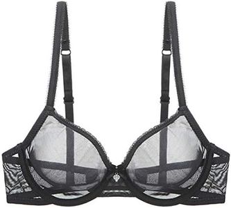 YANDW Sexy Sheer See Through Bras Unlined Underwire Lace Mesh Non Padded Ultra Thin Clear Bralette, Black, 44C