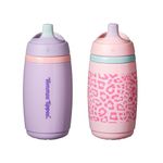 Tommee Tippee Insulated Active Spout Toddler Sippy Cup, 266ml, 12m+, Pack of 2, Leak-Proof Children's Water Bottle with Handle in Fun Colours and Animal Print, Pink & Purple