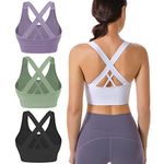 Evercute Sports Bra for Women Padded Medium Support Criss Cross Strappy Bras Seamless High Impact Yoga Exercise Athletic Bras, Black White Purple Green 4 Pack, Medium