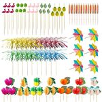 145 Pcs Cocktail Accessories for Drinks, Bamboo Cocktailpicks Green Tropical Coconut Palm Summer Day Drink Umbrellas, and Colorful Drink Umbrellas for Luau Hawaii Beach Party