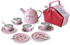 Kaper Kidz FLORAL TIN TEA SET in Picnic Basket 18-Piece Set: Perfect Pretend Play Tea Party Fun!