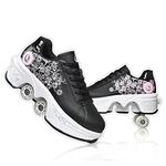 Roller Skate Shoes for Women Four Rounds Children's Roller Skates Shoes That Turn into Rollerskates Sneakers Outdoor Light Shoes with Wheels for Girls/Boys, Black Pink, US 10.5