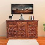 SONA ART & CRAFTS Solid Sheesham Wood Sideboard Tv Cabinet for Living Room | Free Standing Movable Tv Unit Side Board Table with 3 Drawer & 2 Cabinet Storage Furniture for Home | Walnut Teak Finish