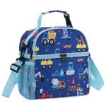 VASCHY Lunch Bag for Kids, Insulated Lunch Box Double Compartments Cooler Lunch Tote for Toddlers Boys Girls School/Daycare/Picnic Construction Vehicles