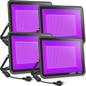 XYCN 4 Pack 500W LED Flood Black Lights,395nm to 405nm UV Outdoor Flood High Power Blacklight Light with Plug in, IP66 Waterproof Large Black Light Spotlight for Glow Party Large Space, Halloween