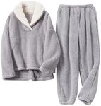 Wyeysyt Women' s Fluffy Pajamas Set Winter Warm Fleece Sleepwear Fuzzy Plush Cozy Pullover Loose Comfy Loungewear, Grey, Large