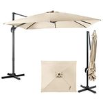 COSTWAY 3m Garden Cantilever Parasol, 3 Positions Adjustable Square Overhanging Umbrella with Cross Base, Crank Handle & Foot Pedal, 360° Rotation Outdoor Patio Offset Market Umbrellas (Beige)