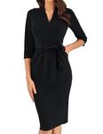 GRACE KARIN Midi Dresses for Women 3/4 Sleeve V Neck Belted Bodycon Dress High Waist Elegant Sheath Dress with Belt Vintage Evening Dress XL Black Size 20