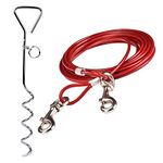 16ft(5M) Dog Tie Out Cable with 18" Spiral Ground Stake Spike - Out for Outdoor Yard and Camping - Small to Medium Dogs (Red, 16ft(5M) cable, 18" stake)