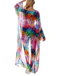 Eddoyee Colorful Feather Print Kimono Coverups for Women Long Sleeve Open Front Beach Cardigan