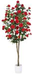 Artificial Camellia Tree 6FT – Nearly Natural Faux Plants Indoor, with Easy Assembly, Low Maintenance, Ideal for Both Indoor Decoration and Other Purposes，Perfect Porch Christmas Trees (Red 6FT)