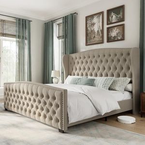 AMERLIFE California King Size Platform Bed Frame, Linen Upholstered Bed with Deep Button Tufted & Nailhead Trim Wingback Headboard/No Box Spring Needed, Beige