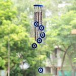 9Dzine Wind Chimes for Home | Wind Chimes for Balcony Bedroom with Evil Eye Protection - Positive Energy | Home Decor Items (Silver, Pipe & Evil Eye Shields) - 27 Inches