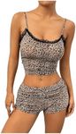 SHENHE Women's Y2k 2 Piece Outfits Sexy Leopard Print Crop Top and Low Rise Shorts Set Loungewear Khaki Large