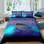 Galaxy Comforter Cover Wooden Boat Bedding Set for Boys Girls Children Chic Purple Blue Starry Sky Duvet Cover Stain Resistant Painting Art Room Decor Single Size Quilt Cover 2Pcs