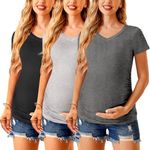 Ekouaer Womens Maternity Shirts 3 Packs V Neck Tops Tunic Pregnancy Clothes Side Ruched Short Sleeve Casual T Shirt S-XXL Black/Light Grey/Dark Grey L