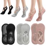 KEYRI 3 Pairs Non Slip Socks Yoga Pilates Socks for Women Girls, Trainer Socks Grippy Socks Floor Sock Anti-Slip Grips & Straps, One Size Breathable Socks for Fitness Ballet (Cotton, Black+Pink+Grey)