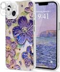 mobistyle Designed for iPhone 15 |Women Girls, Colourful Retro Oil Painting Floral Design Shiny Bling Diamond Camera Protection Sides TPU Phone Back Cover Case [Purple]