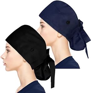 Fesciory Adjustable Working Caps with Button & Sweatband, Women Ponytail Pouch Hats, Long Hair, 2 Pack:navy+black, One Size