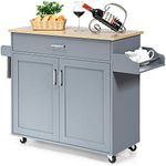 Giantex Wooden Rolling Kitchen Island, Storage Cart Trolley w/Adjustable Shelf, Spice Storage Sgelf, Towel Rack & Drawer, Utility Buffet Cabinet w/Beech Top for Kitchen Dinning Room Canteen, Grey