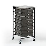 SunnyPoint Wooden Top Compact Rolling Storage 8 Drawers Organizer Mobile Utility Cart, Under Desk Storage Cart with Caster Wheels (Compact 8 Drawers, Black)