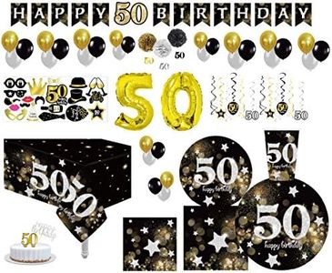 Serves 30 | Ultimate 50th Party Pack | Happy 50th Birthday | 9" Dinner Paper Plates | 7" Dessert Paper Plates | 12 oz Cups | 3 Ply Lunch & Beverage Napkins | Swirls | Cake Topper | Numerical Candle