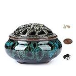 LAMDAWN Ceramic Incense Burner with Incense Stick Holder + Insulation use for Stick or Coil Incense, Sage Cones and Frankincense (Fambe Blue)