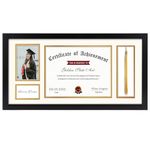 11x22 Black Shadow Box - For 8.5x11 Diploma, 4x6 Photo - Tassel Holder - Ivory over Gold Double Mat - Graduation Theme - Sawtooth Hangers - Wall Mounting - Landscape Portrait - Real Glass - Frame